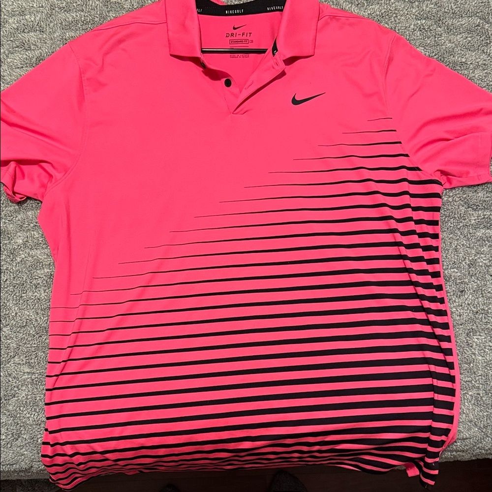 Men's Nike Dri Fit Golf Pink Polo with Black Gradient Stripes